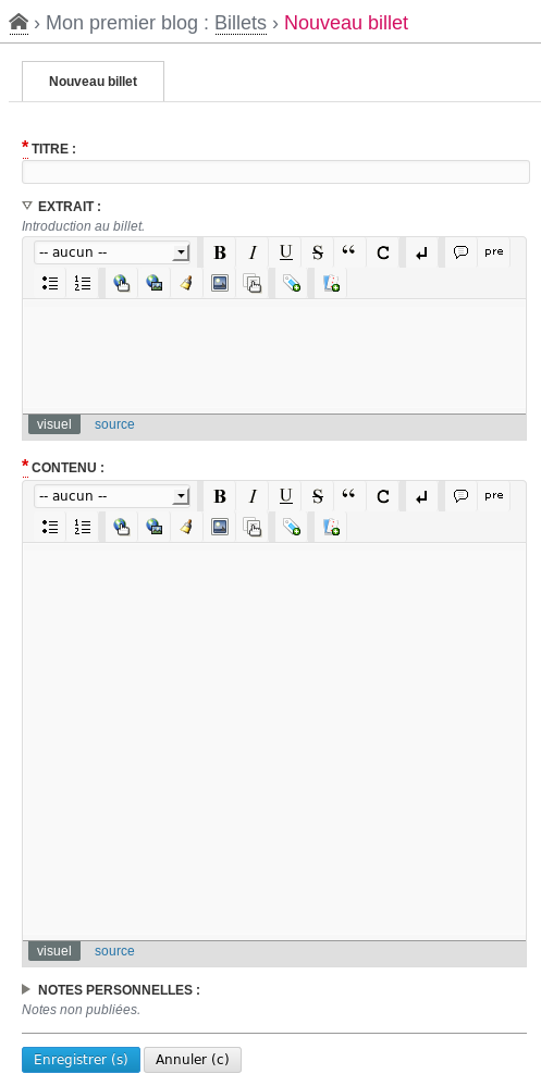 Page de création d'un billet