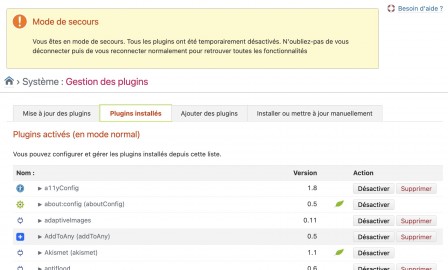 Page de gestion des plugins en mode de secours Page de gestion des plugins en mode de secours